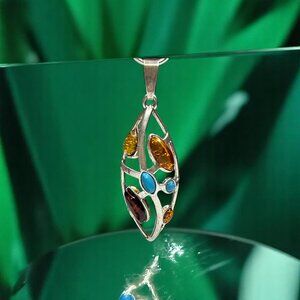 Galmorous Women's Silver Pendant With Multiple Baltic Amber Colored Stones